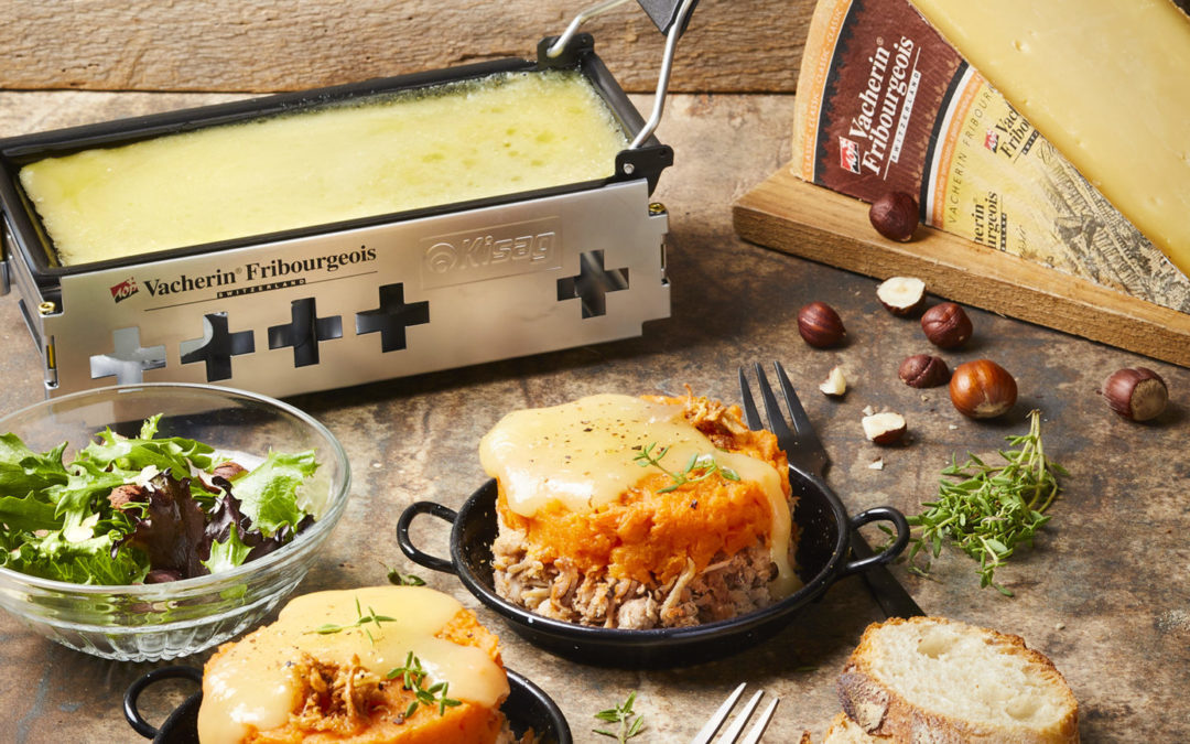 Raclette de patates douces à l’effiloché de porc et au Vacherin Fribourgeois AOP